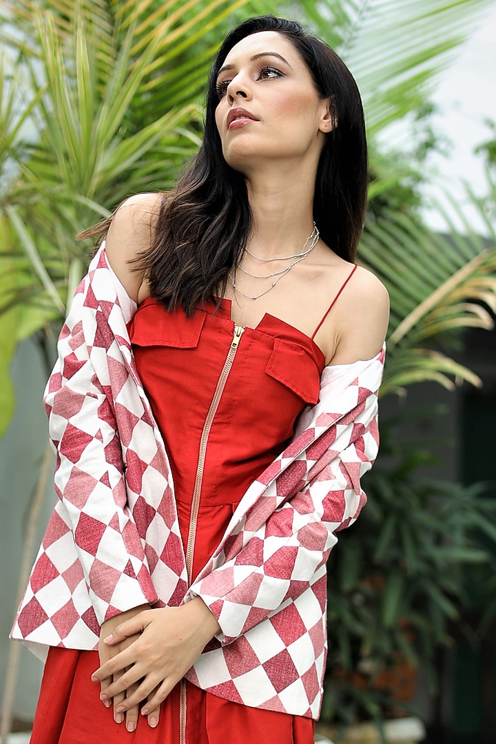 Salsa Red Dupion Silk Vacation Dress With Jacket by NEETA BHARGAVA at Pernia's Pop Up Shop