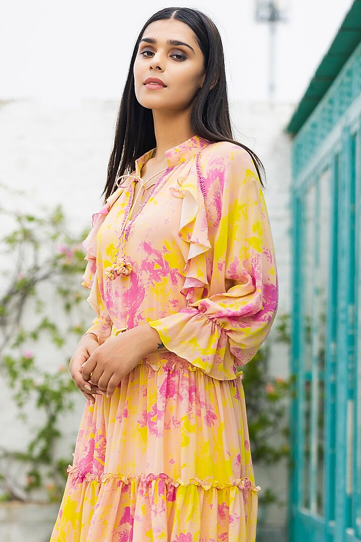 Yellow & Pink Embellished Vacation Dress by NEETA BHARGAVA at Pernia's Pop Up Shop