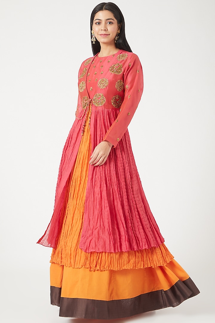 Deep Pink & Orange Cotton Silk Flared Skirt Set With Jacket by NEETA BHARGAVA