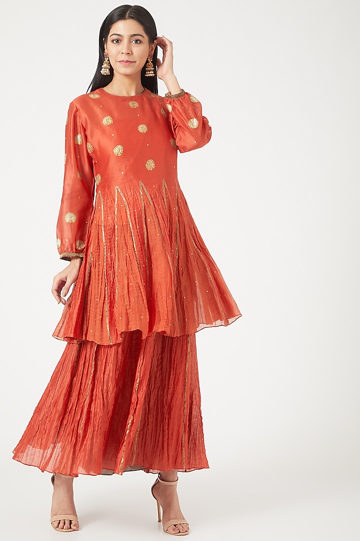Cherry Red Chanderi Crushed Skirt Set by NEETA BHARGAVA