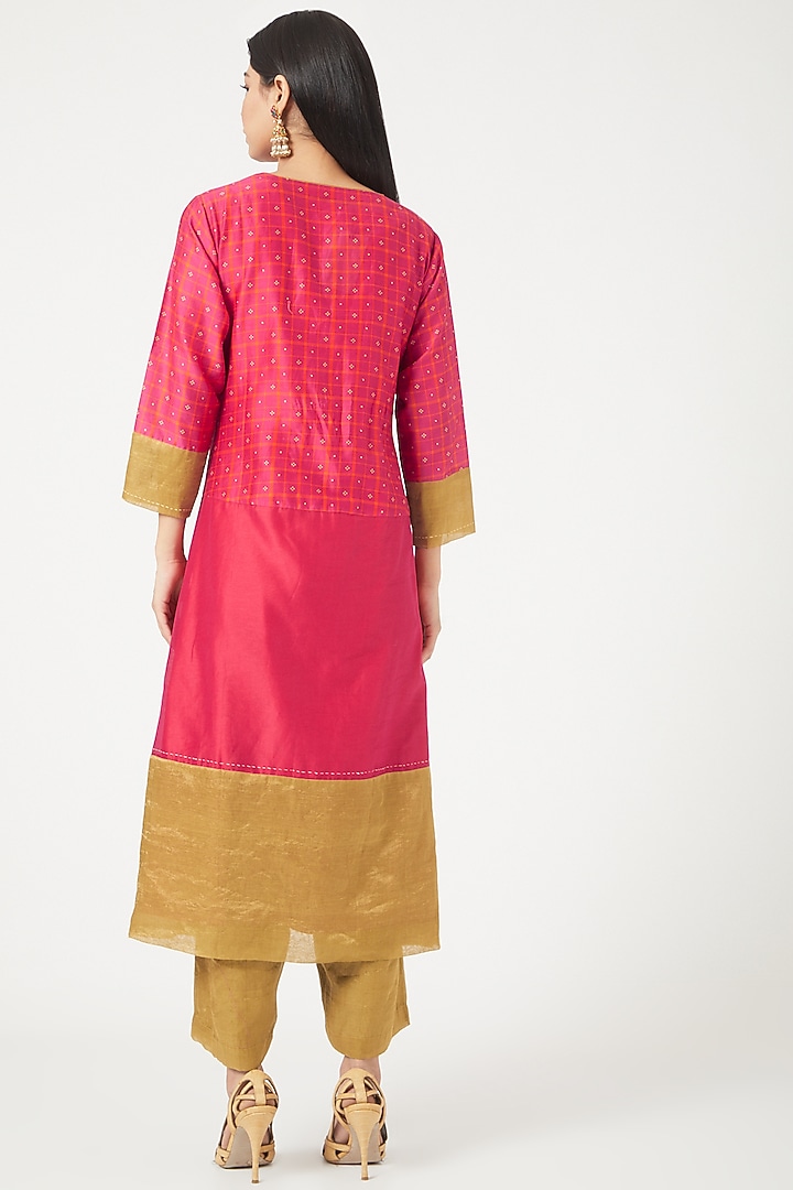 Dark Pink & Mustard Printed A-Line Kurta Set by NEETA BHARGAVA at Pernia's Pop Up Shop
