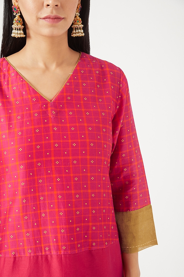 Dark Pink & Mustard Printed A-Line Kurta Set by NEETA BHARGAVA at Pernia's Pop Up Shop