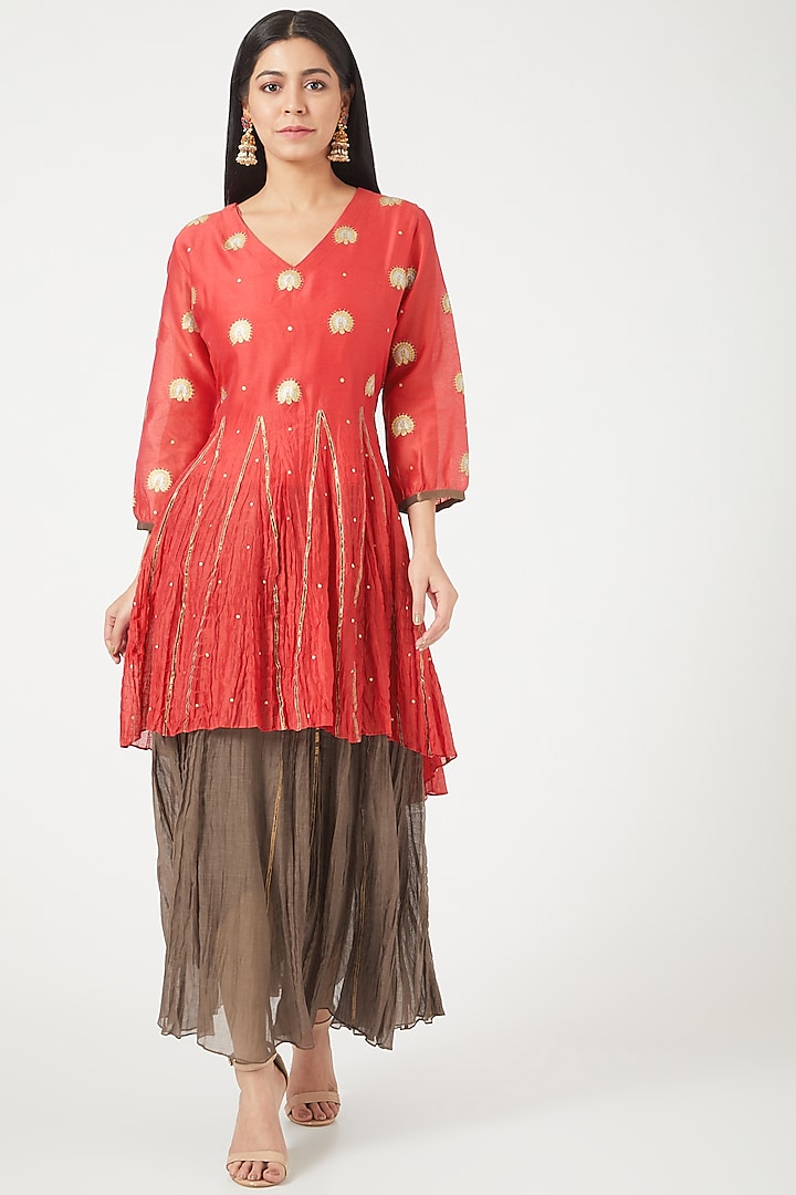 Brown Crushed Skirt Set With Attached Pants by NEETA BHARGAVA