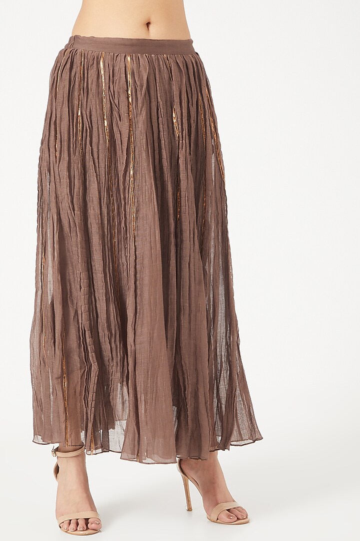Brown Crushed Skirt Set With Attached Pants by NEETA BHARGAVA at Pernia's Pop Up Shop