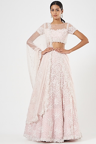 Crystal Pink Embroidered Lehenga Set by Natasha Dalal