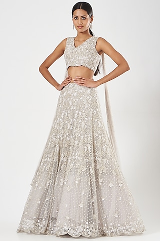 Silver Net Embroidered Lehenga Set by Natasha Dalal