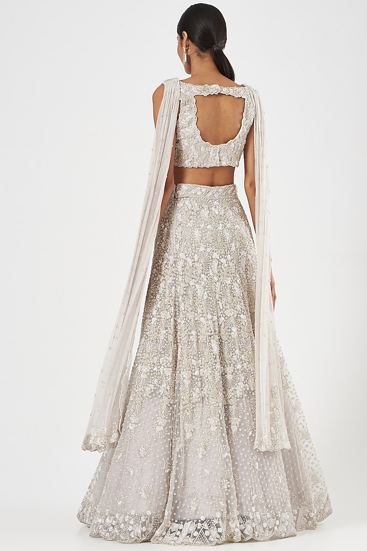 Silver Net Embroidered Bridal Lehenga Set by Natasha Dalal at Pernia's Pop Up Shop