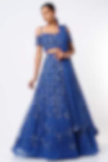 Electric Blue Embroidered Bridal Lehenga Set by Natasha Dalal at Pernia's Pop Up Shop