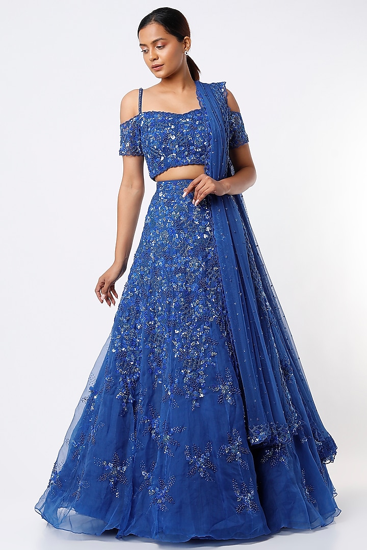 Electric Blue Embroidered Bridal Lehenga Set by Natasha Dalal at Pernia's Pop Up Shop