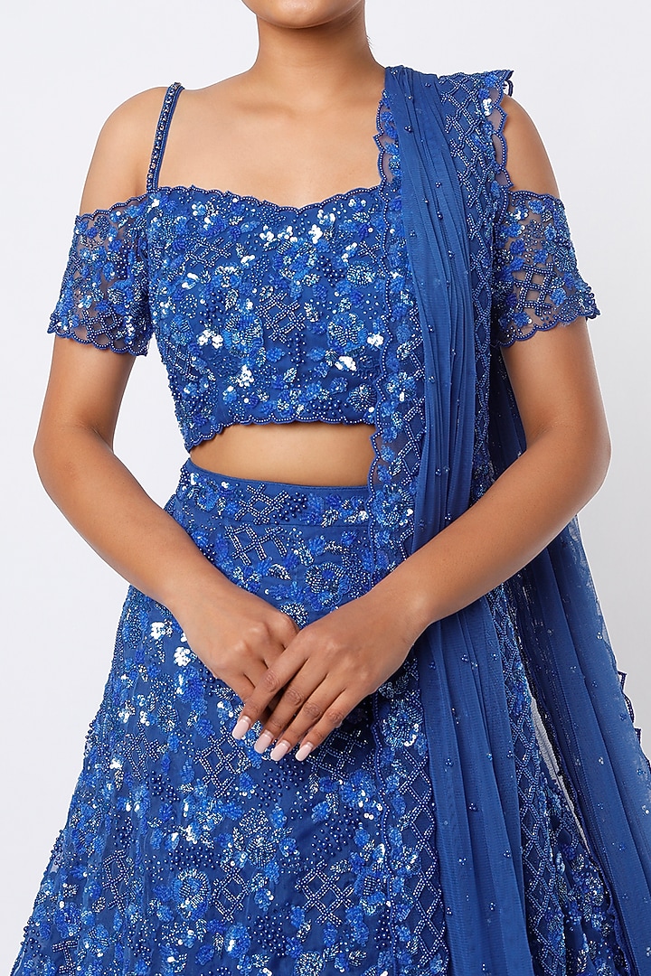Electric Blue Embroidered Bridal Lehenga Set by Natasha Dalal at Pernia's Pop Up Shop
