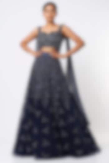 Midnight Blue Embroidered Bridal Lehenga Set by Natasha Dalal at Pernia's Pop Up Shop