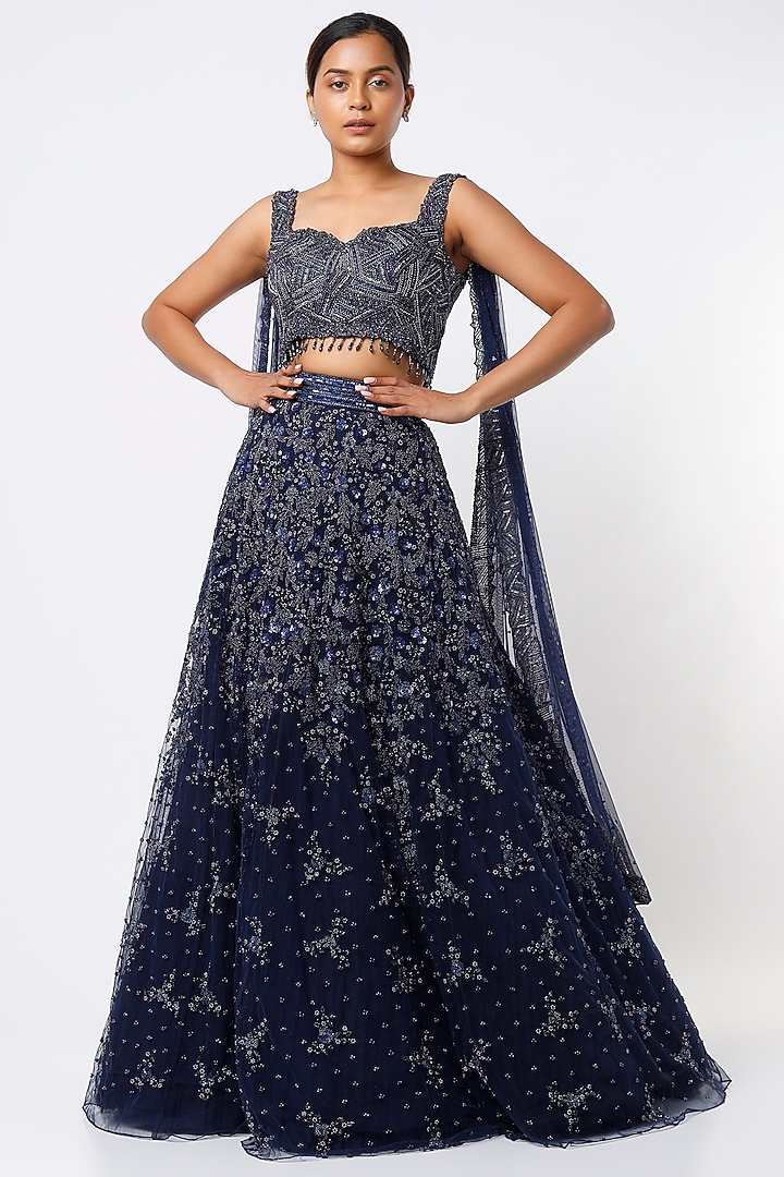 Midnight Blue Embroidered Bridal Lehenga Set by Natasha Dalal at Pernia's Pop Up Shop