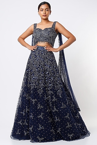 Midnight Blue Embroidered Lehenga Set by Natasha Dalal