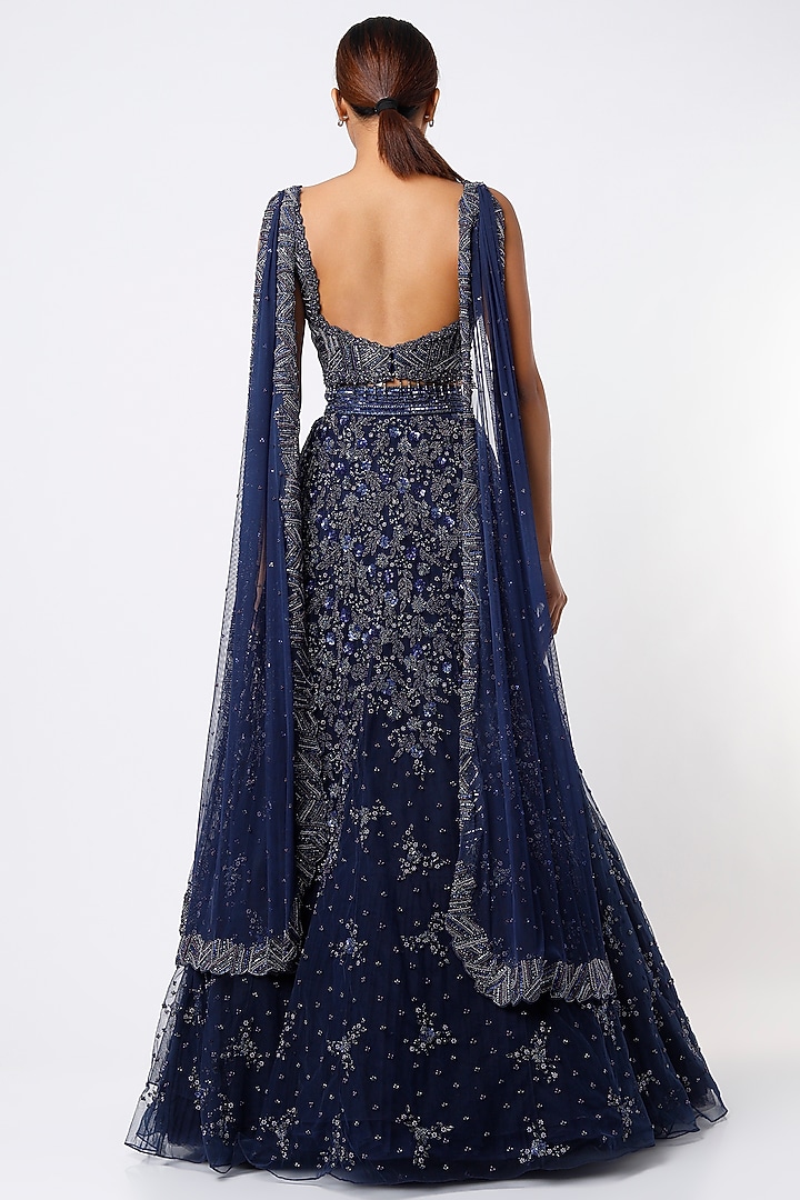 Midnight Blue Embroidered Bridal Lehenga Set by Natasha Dalal at Pernia's Pop Up Shop