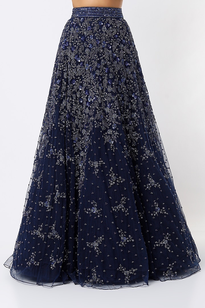 Midnight Blue Embroidered Bridal Lehenga Set by Natasha Dalal at Pernia's Pop Up Shop
