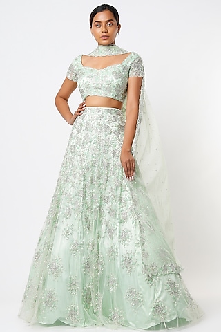 Mint Embroidered Lehenga Set by Natasha Dalal