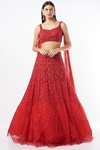 Red Net Embroidered Lehenga Set by Natasha Dalal