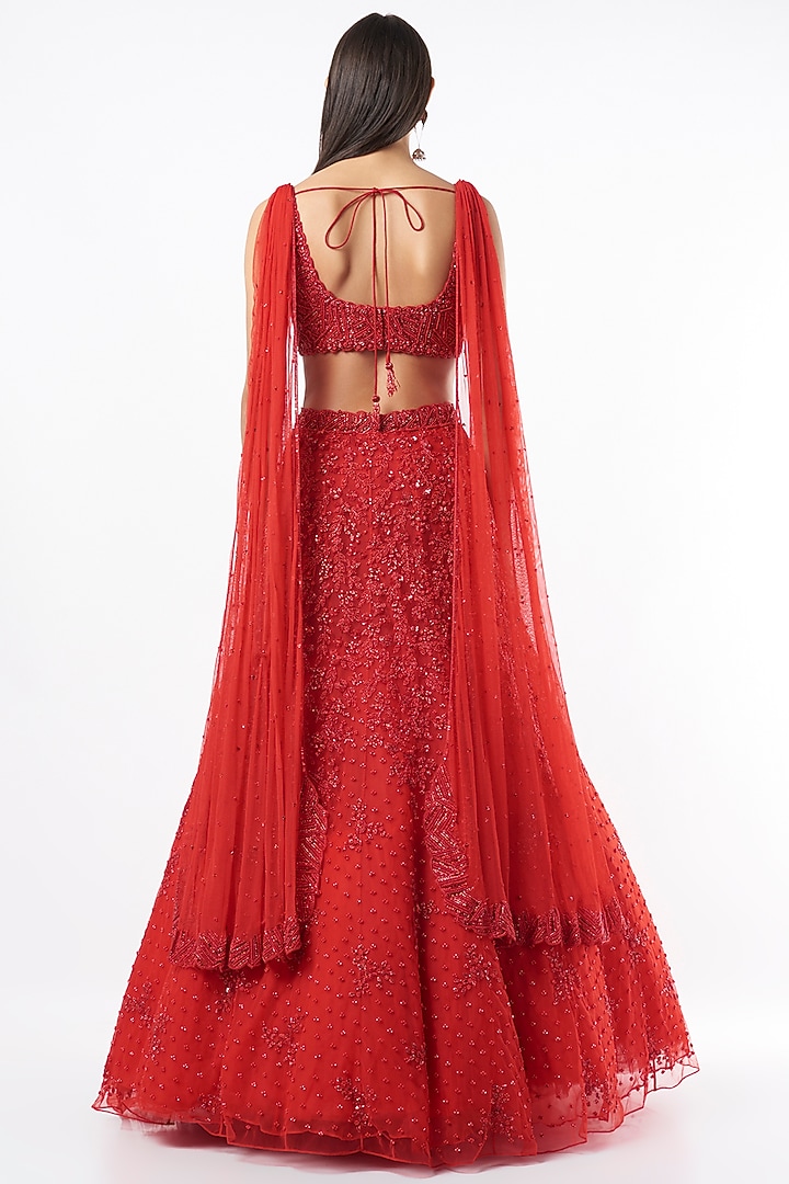 Red Net Embroidered Bridal Lehenga Set by Natasha Dalal at Pernia's Pop Up Shop
