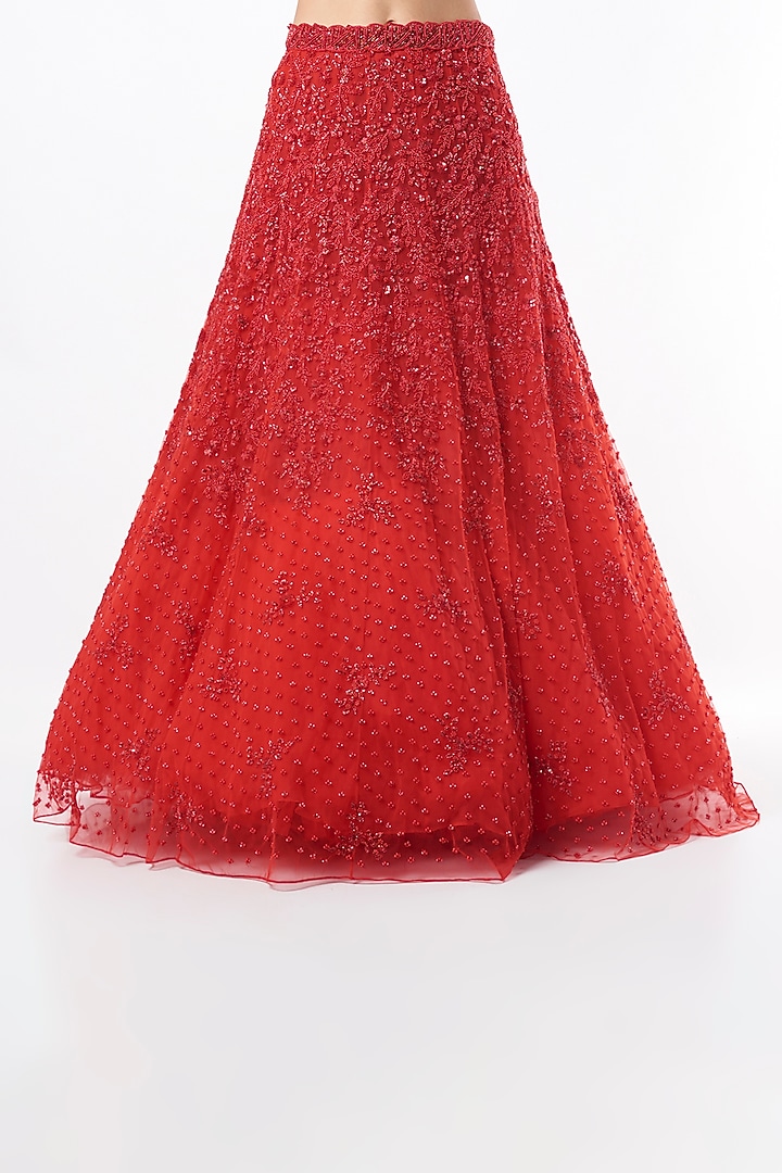 Red Net Embroidered Bridal Lehenga Set by Natasha Dalal at Pernia's Pop Up Shop
