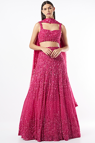Fuschia Pink Embroidered Lehenga Set by Natasha Dalal