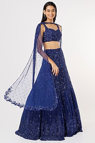 Navy Blue Hand Embroidered Lehenga Set by Natasha Dalal