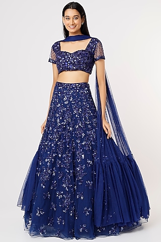 Midnight Blue Hand Embroidered Lehenga Set by Natasha Dalal