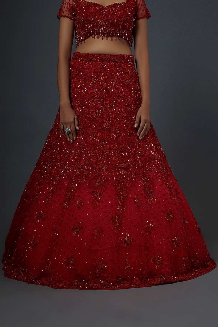 Red Hand Embroidered Bridal Lehenga Set by Natasha Dalal at Pernia's Pop Up Shop
