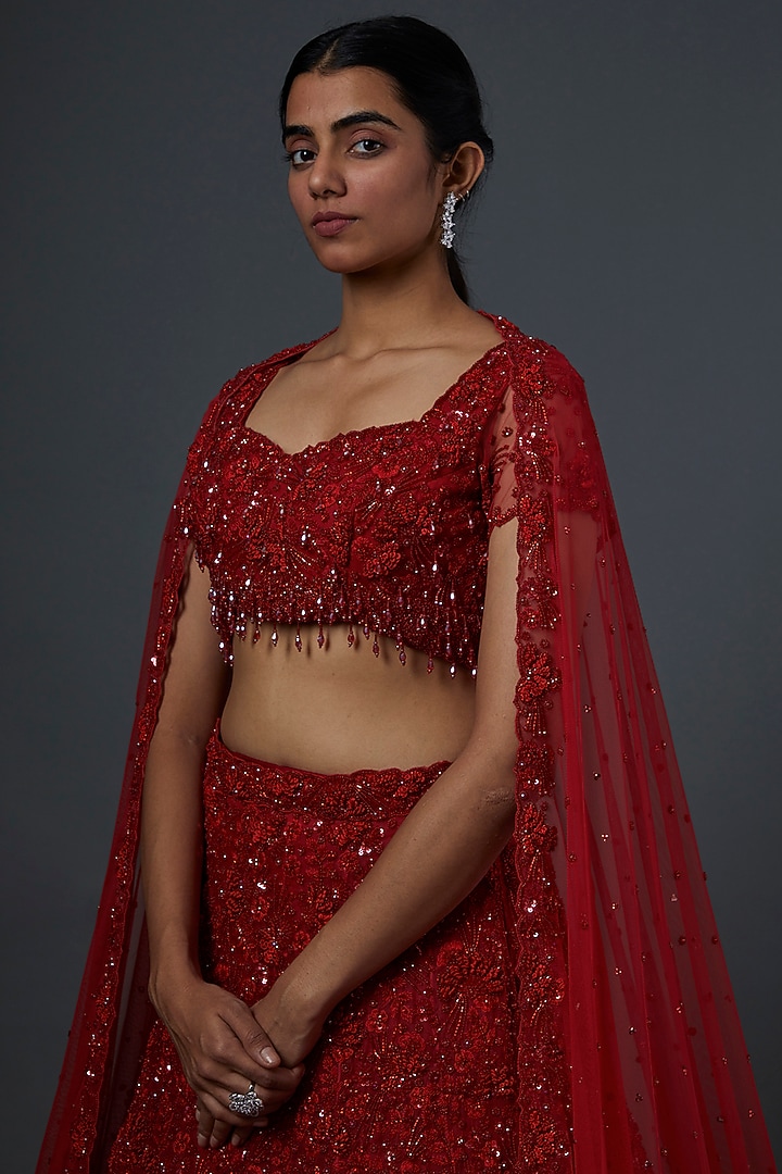 Red Hand Embroidered Bridal Lehenga Set by Natasha Dalal at Pernia's Pop Up Shop