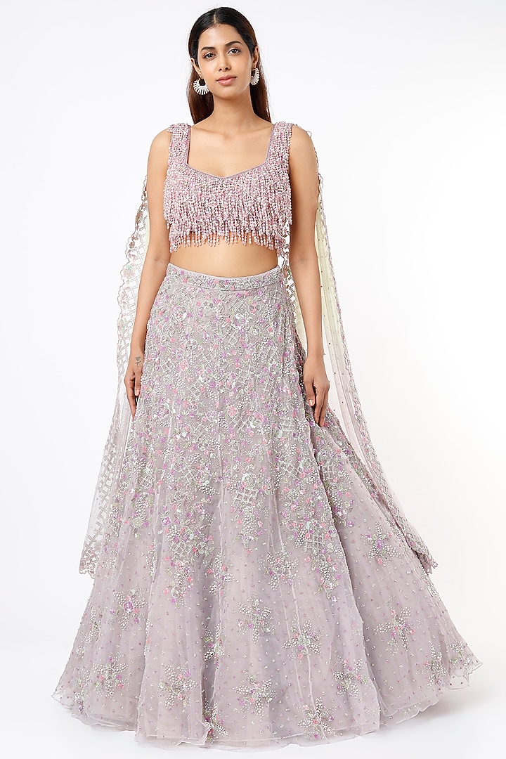 Dusty Lavender Hand Embroidered Lehenga Set by Natasha Dalal