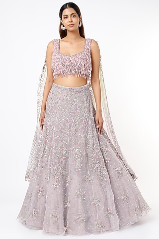 Dusty Lavender Hand Embroidered Lehenga Set by Natasha Dalal