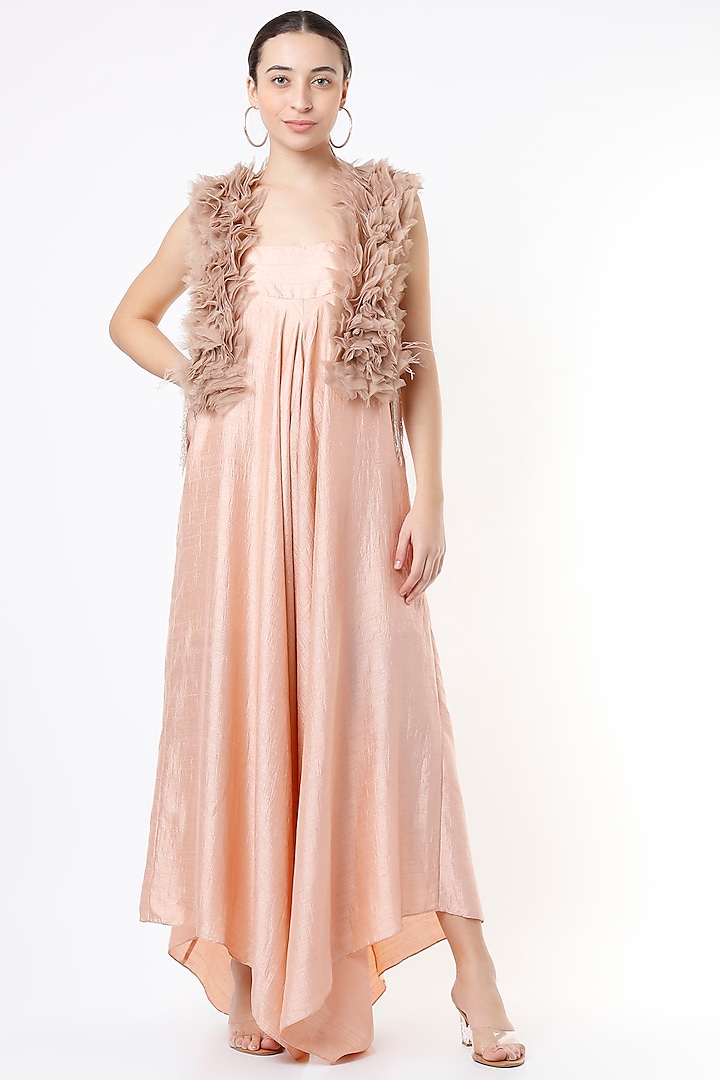 Nude Satin Draped Jumpsuit With Embroidered Fur Jacket by Nandita Thirani