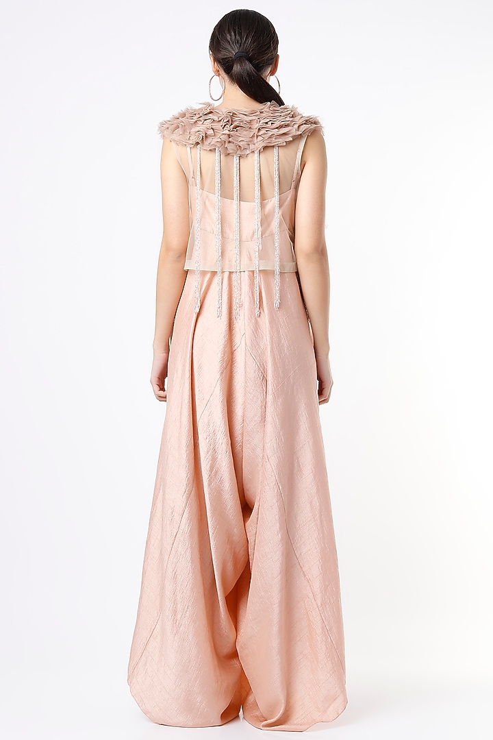 Nude Satin Draped Jumpsuit With Embroidered Fur Jacket by Nandita Thirani at Pernia's Pop Up Shop