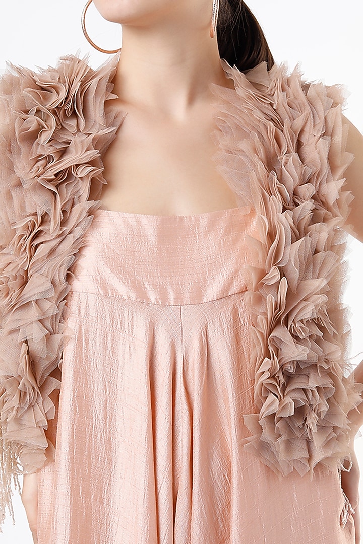 Nude Satin Draped Jumpsuit With Embroidered Fur Jacket by Nandita Thirani at Pernia's Pop Up Shop