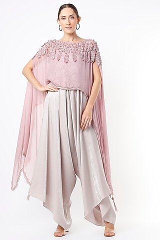 Crystal Pink Jumpsuit With Embroidered Cape by Nandita Thirani