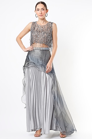 Grey Pleated Satin Skirt Set by Nandita Thirani