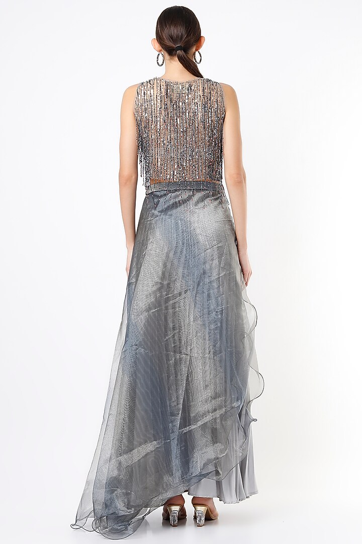 Grey Pleated Satin Skirt Set by Nandita Thirani at Pernia's Pop Up Shop