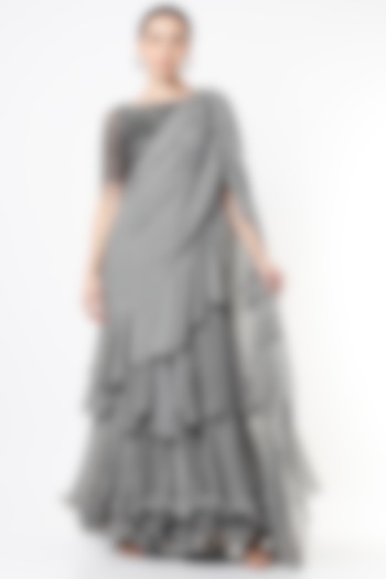 Grey Chiffon Draped Saree Set by Nandita Thirani