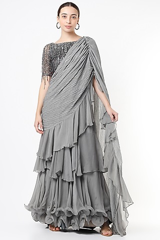 Grey Chiffon Draped Saree Set by Nandita Thirani