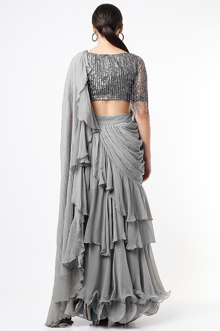 Grey Chiffon Draped Wedding Saree Set by Nandita Thirani at Pernia's Pop Up Shop