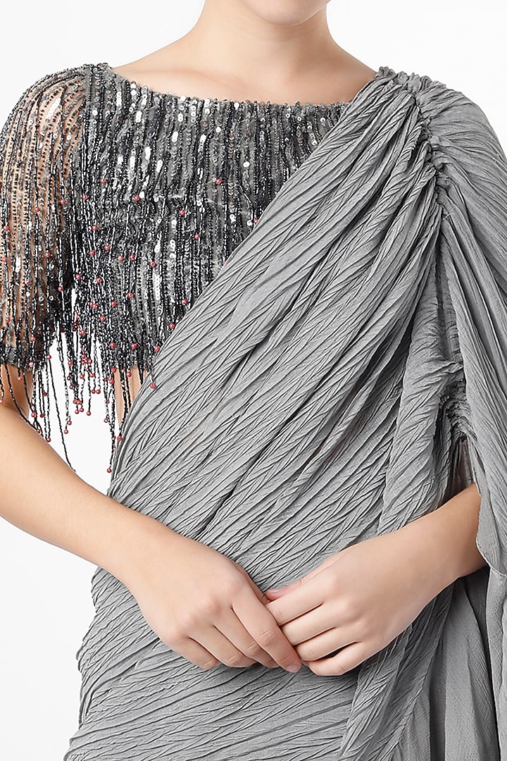 Grey Chiffon Draped Wedding Saree Set by Nandita Thirani at Pernia's Pop Up Shop