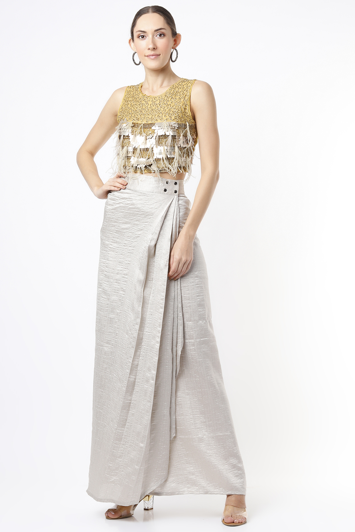 Silver Satin Draped Skirt Set by Nandita Thirani