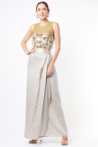 Silver Satin Draped Skirt Set by Nandita Thirani