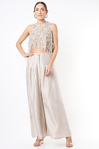 Cream Satin Palazzo Pant Set by Nandita Thirani