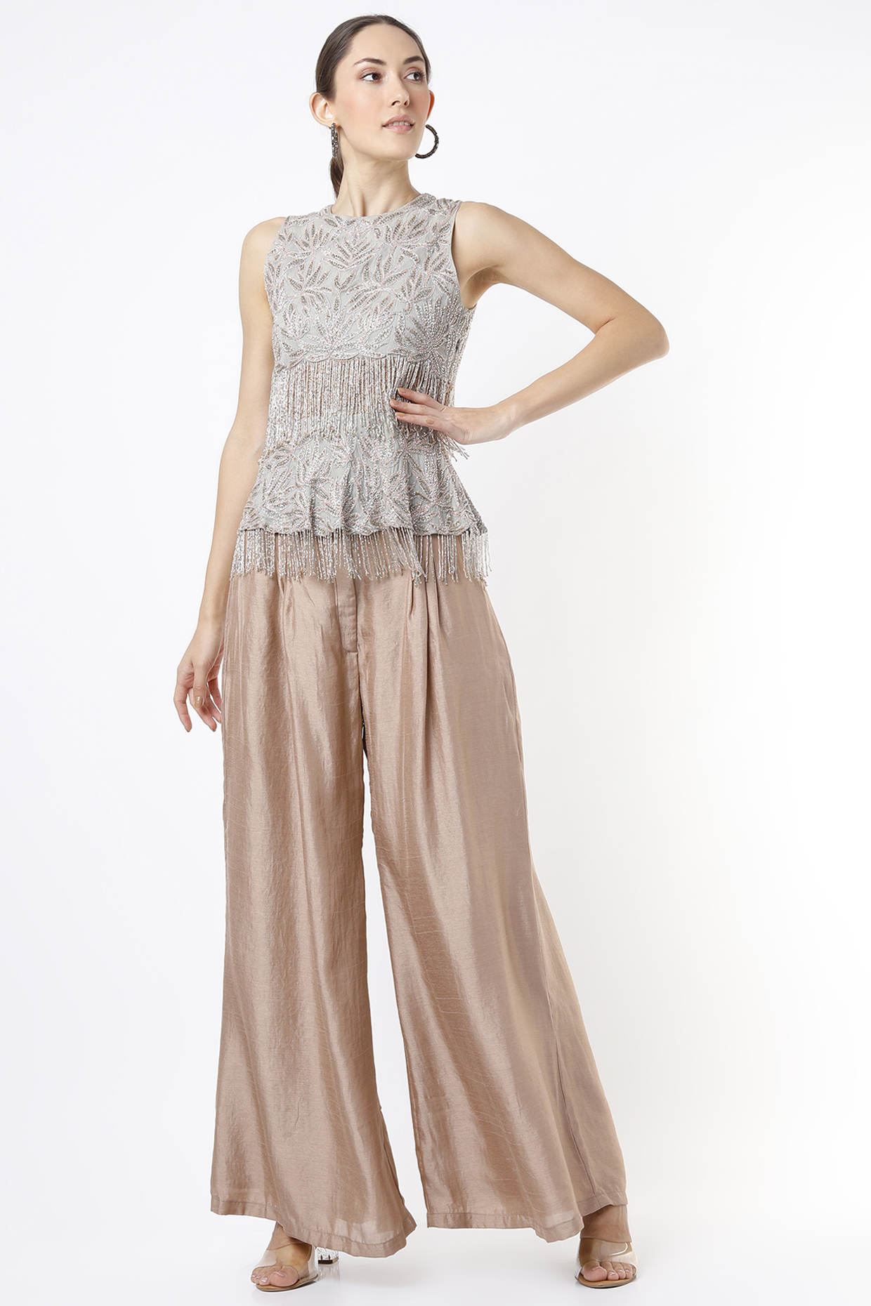 Rose Gold Satin Palazzo Pant Set by Nandita Thirani at Pernia's Pop Up Shop