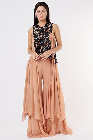 Coral Double-Layered Sharara Set by Nandita Thirani