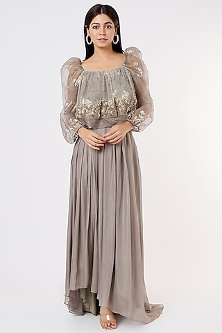Grey Pleated Georgette Skirt Set by Nandita Thirani
