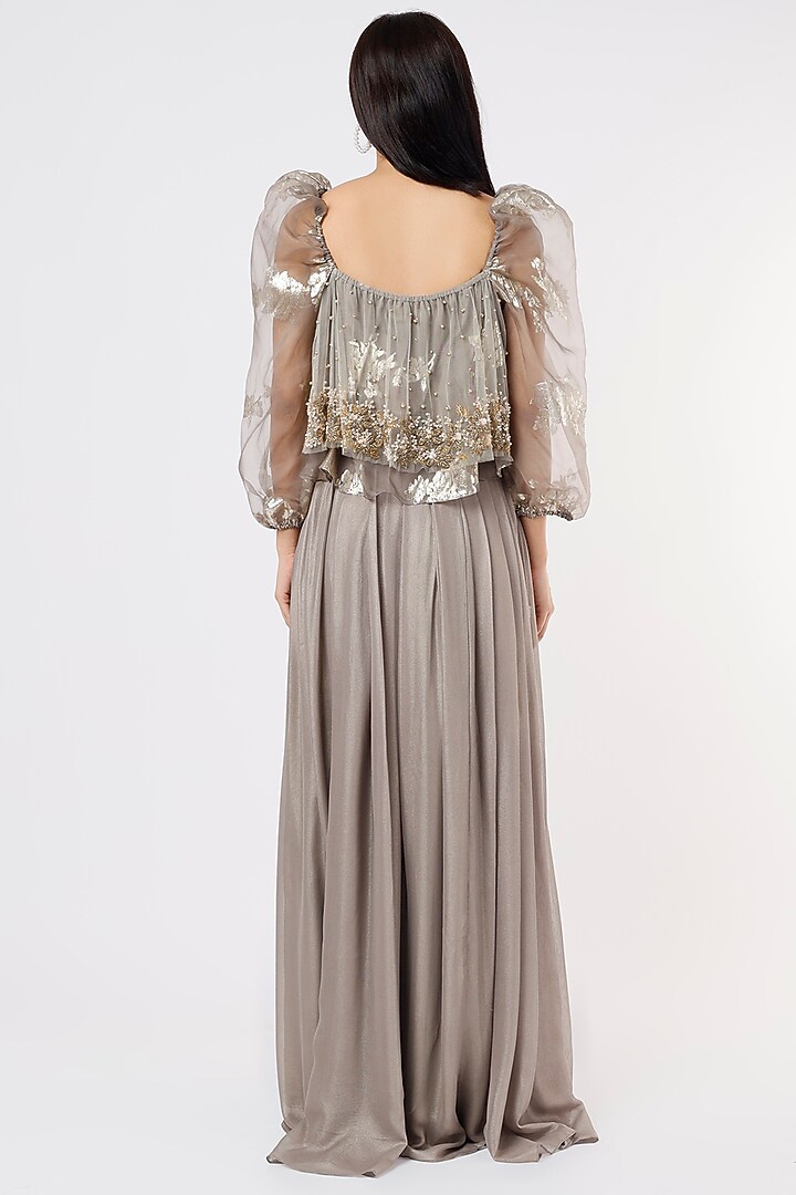 Grey Pleated Georgette Skirt Set by Nandita Thirani at Pernia's Pop Up Shop