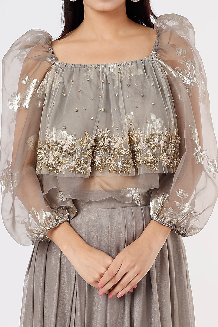 Grey Pleated Georgette Skirt Set by Nandita Thirani at Pernia's Pop Up Shop