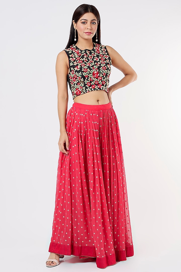 Red Sequins Embroidered Skirt Set by Nandita Thirani