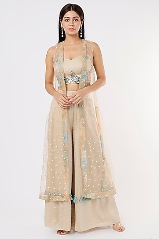 Nude Pearl Embroidered Jacket Set by Nandita Thirani